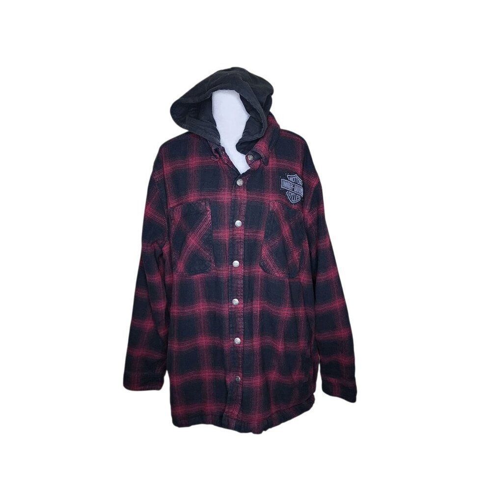 Harley Davidson Motorcycles Button Up Flannel Hoodie Jacket Size XL Plaid